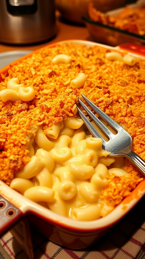 Baked macaroni and cheese with a golden crust and creamy cheese, served in a rustic dish.